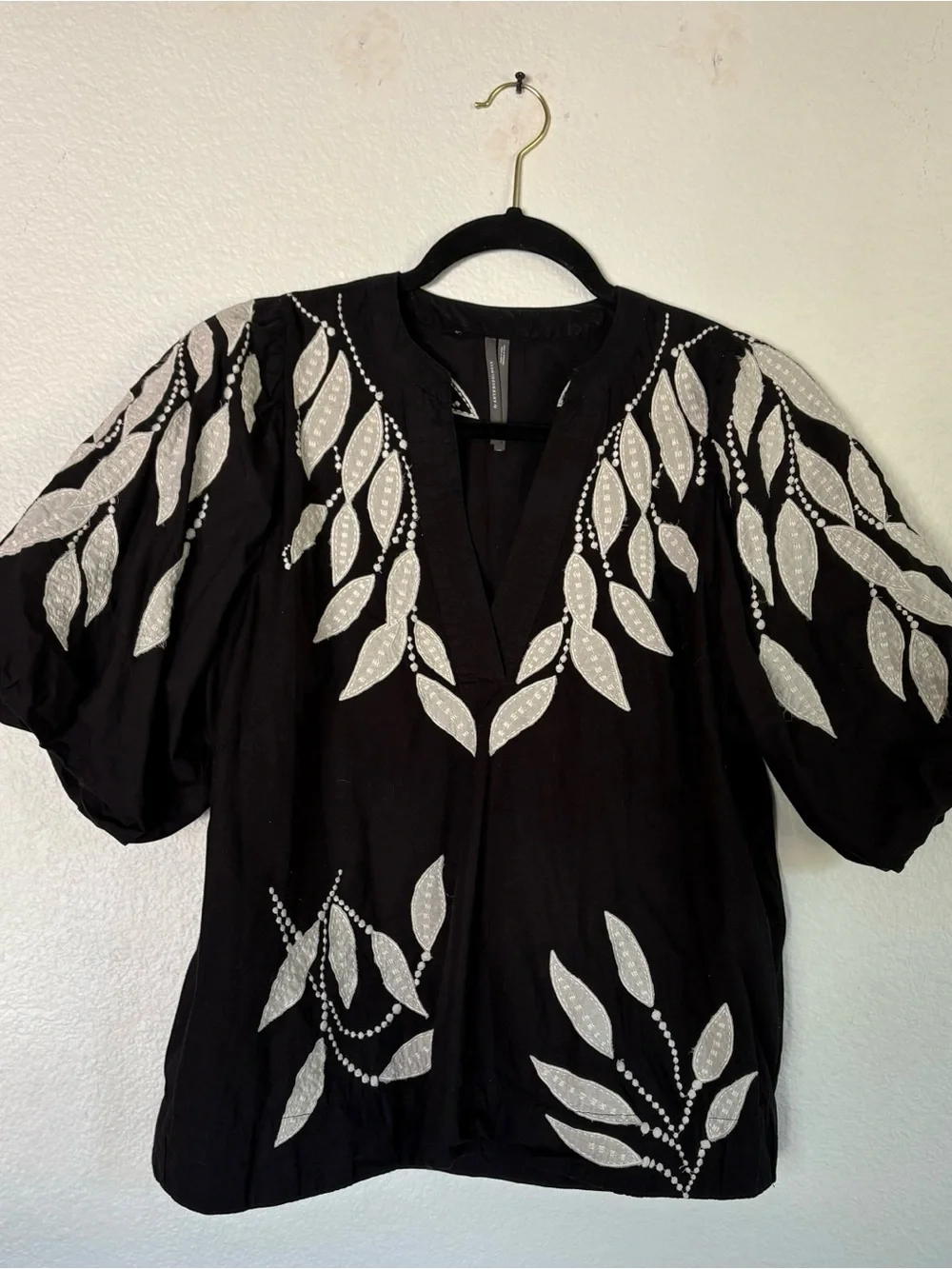 Anthropologie Black Blouse with White Leaf Embroidery - Picture 1 of 12